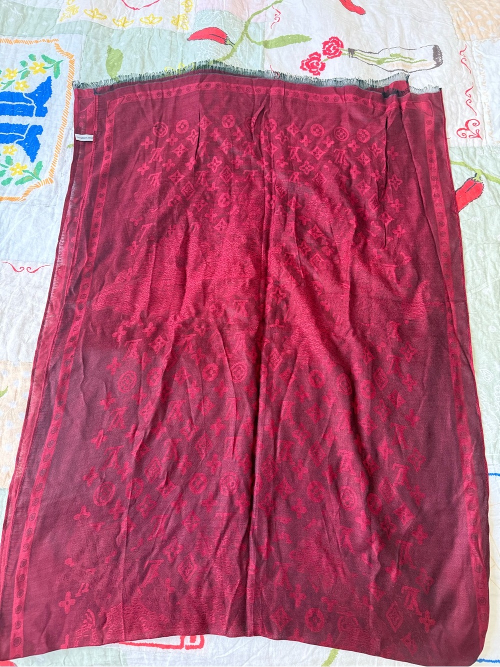 Louis Vuitton Vintage Deep Wine Red Burgundy Monogram Scarf 100% Silk - Picture 4 of 9